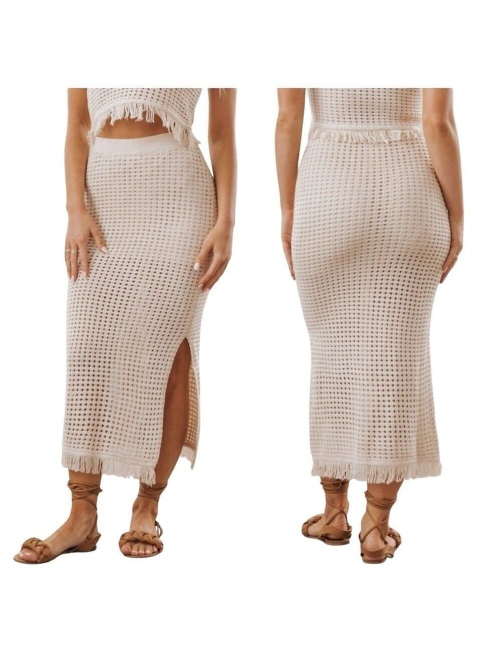 Miou Muse Lovers Beach Crochet Boho Midi Skirt with Fringe Trim in Sand Beige